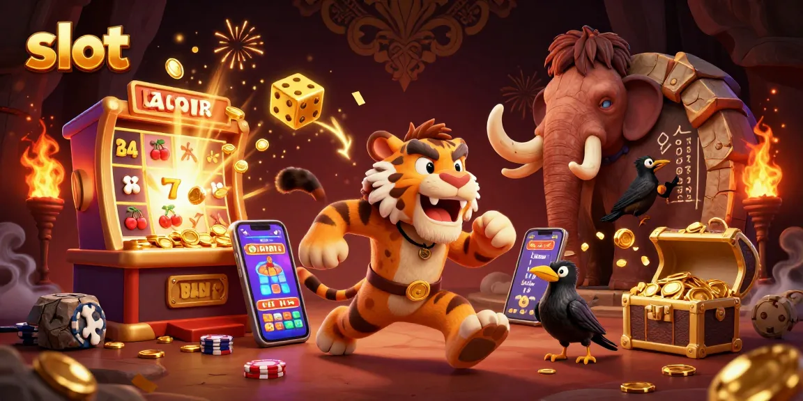 Slot memicu ledakan jackpot di kasino prasejarah, menampilkan karakter kartun yang menarik.