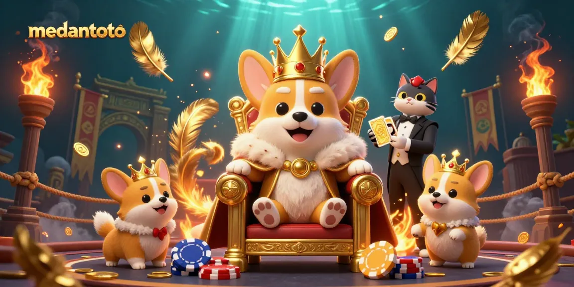 Gambar medantoto yang menampilkan corgi kerajaan dan elemen kasino berwarna emas yang menarik.