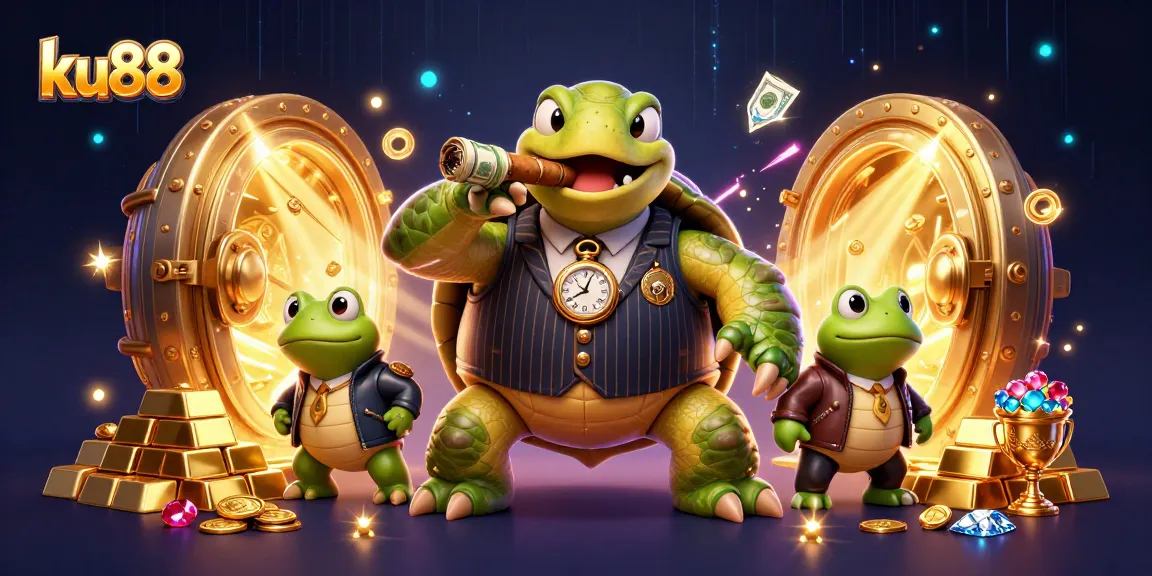 Engage with ku88's vibrant casino scene featuring a turtle mobster and frog enforcers.