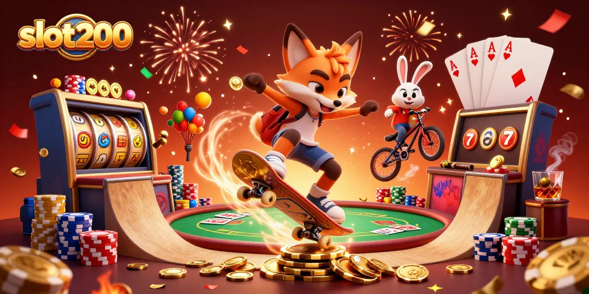 Permainan slot200 yang menarik dengan karakter rusa dan rubah bermain di atas chip kasino.