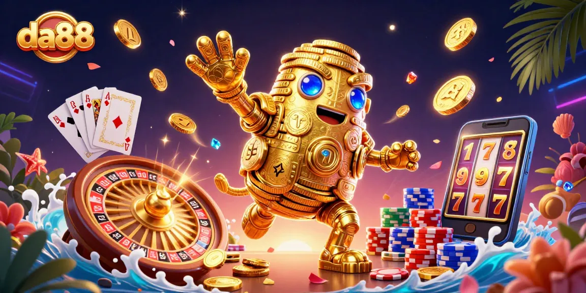 Experience vibrant gameplay with da88, featuring a golden golem amidst cascading coins and a spinning roulette wheel.