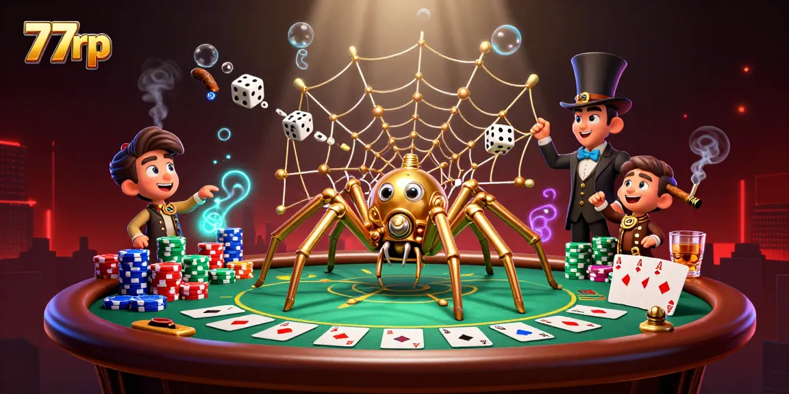 Engage in thrilling casino gameplay with 77rp as golden spider catches dice among poker riches.
