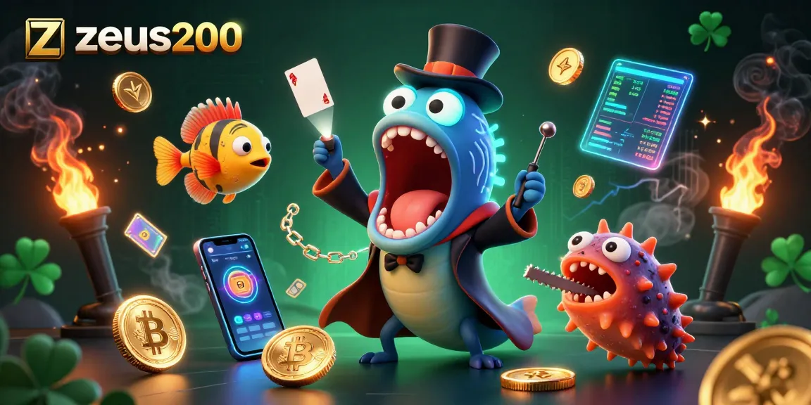 zeus200 memperlihatkan ikan gulper dalam jubah pesulap melakukan trik kartu di dunia game bitcoin