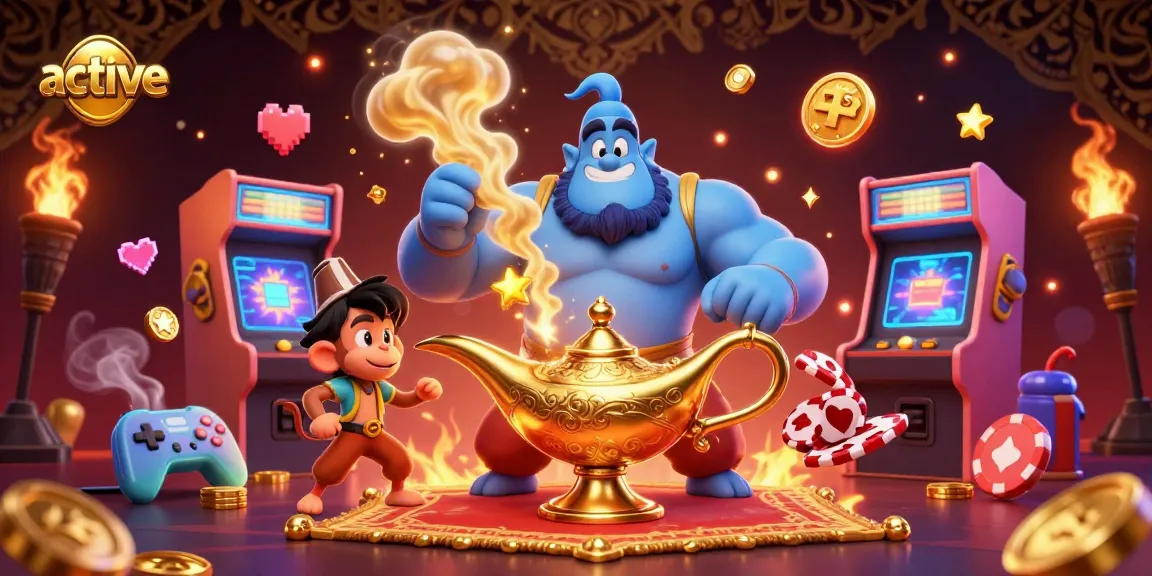 Engage in the active excitement of gaming with a vibrant genie and lively casino elements.