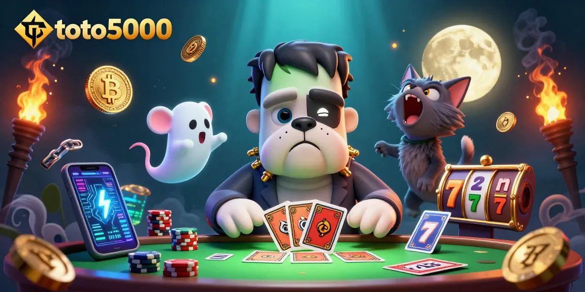 Engage with the thrilling world of toto5000 as a Frankenstein bulldog deals cards amidst vibrant slot game elements.