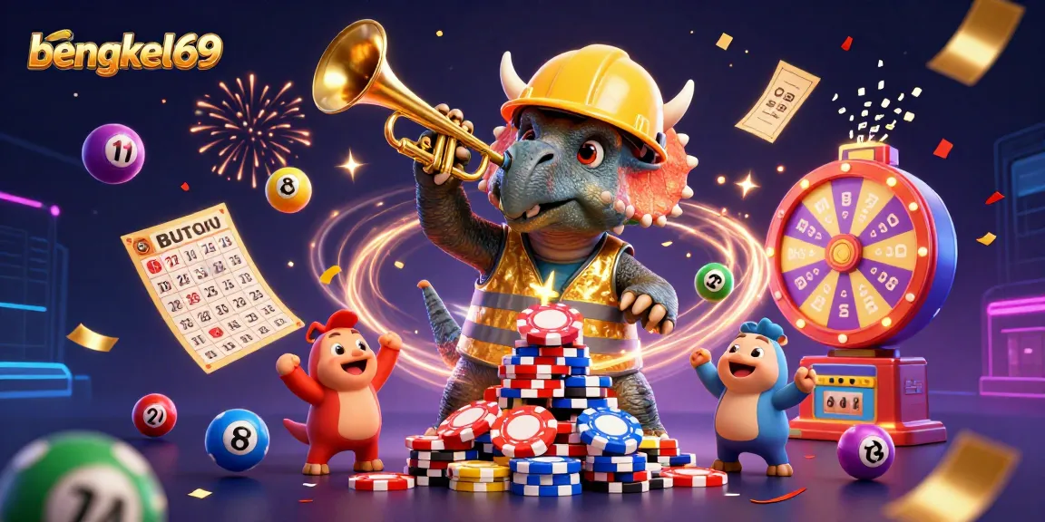 Bengkel69 players celebrate wins with vibrant lottery elements in a dynamic casino scene.