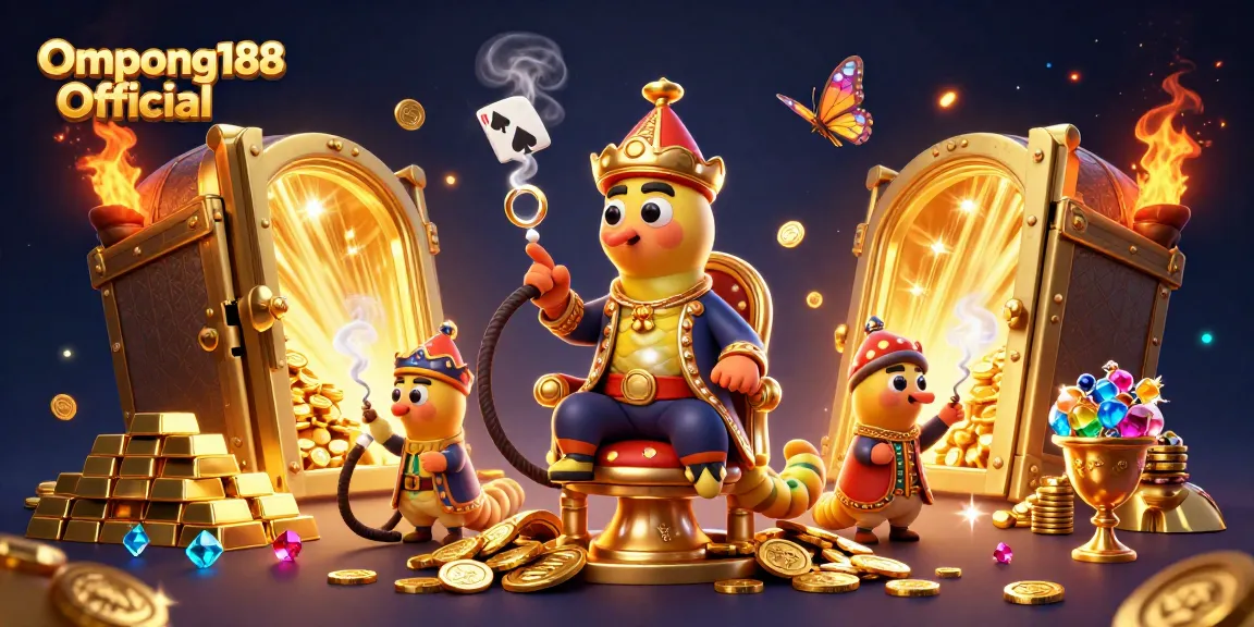 Ompong188 Resmi menghadirkan pengalaman luar biasa dengan ilustrasi kasino, simbol poker, dan harta karun emas.