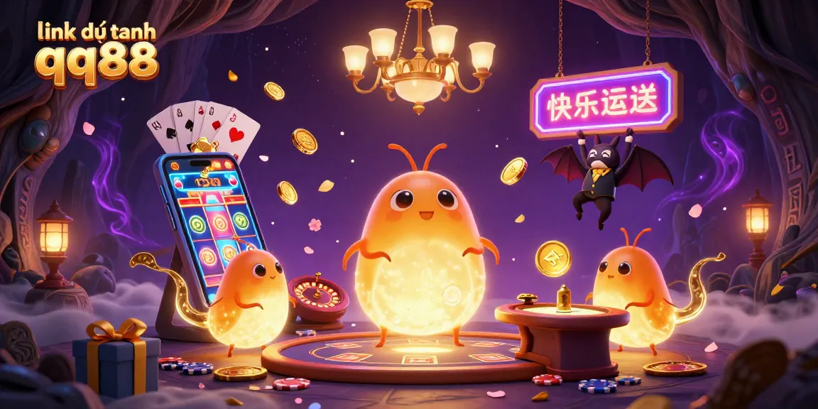 Engage with link dự phòng qq88 in this vibrant 3D casino scene featuring glowworms and a bat dealer.