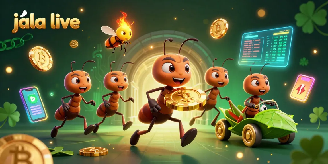 Engage with jala live where ants carry a giant poker chip amidst a vibrant gambling heist scene.