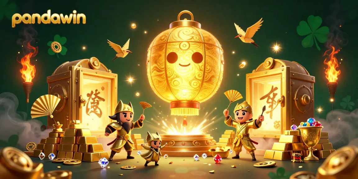 Experience pandawin's vibrant gaming atmosphere with golden lantern spirits and treasure elements.