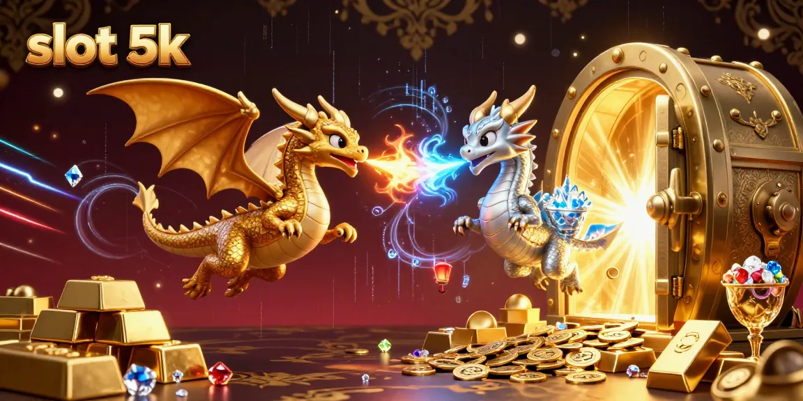 Engage in thrilling gameplay at slot 5k, featuring cartoon dragons and treasure in a 3D illustration.