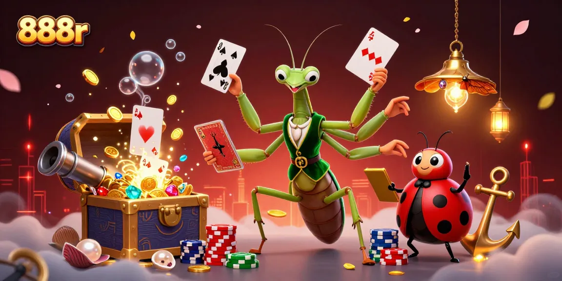 Experience thrilling gaming action with 888r in this vibrant 3D casino scene featuring a mantis card sharp.