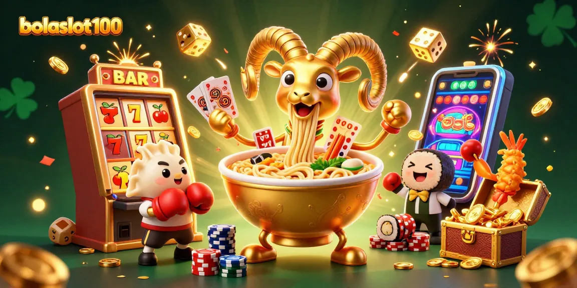 Bolaslot100 showcases a vibrant 3D illustration of a golden ramen bowl and casino excitement.