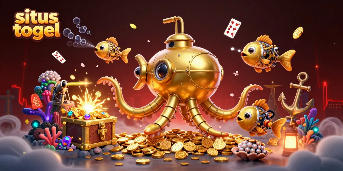 Menangkan permainan di situs togel dengan ilustrasi kraken berteknologi tinggi dan uang emas.