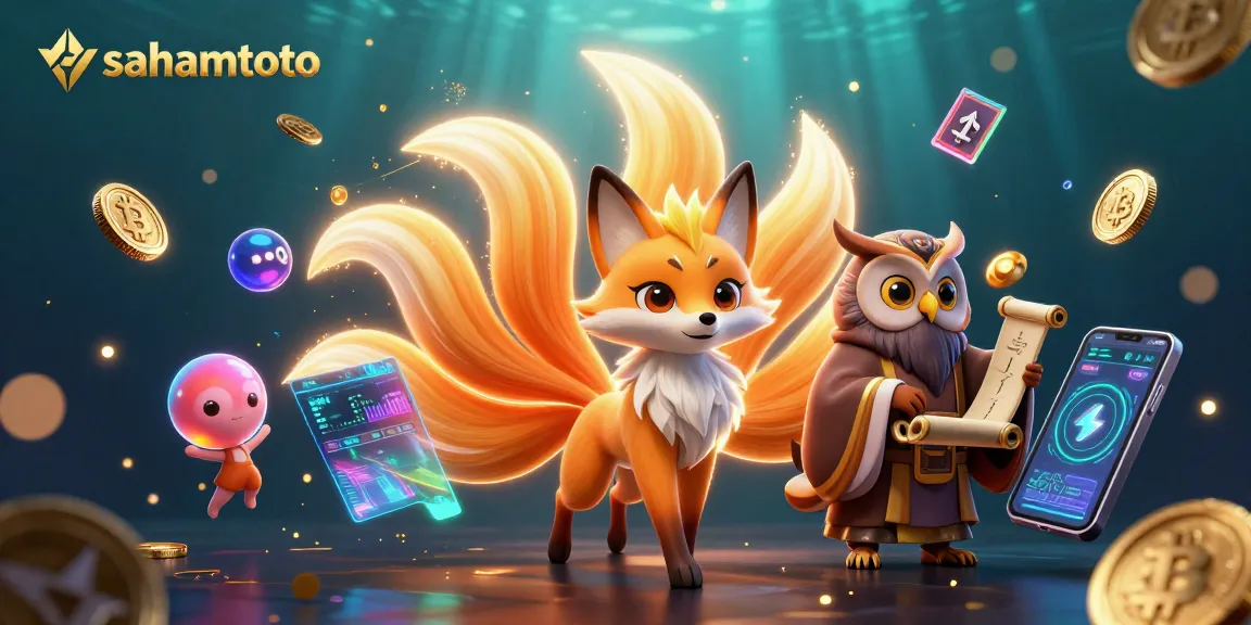 Gambarkan pengalaman sahamtoto terbaik dengan ilustrasi 3D dari karakter fantastis dan elemen kasino digital.
