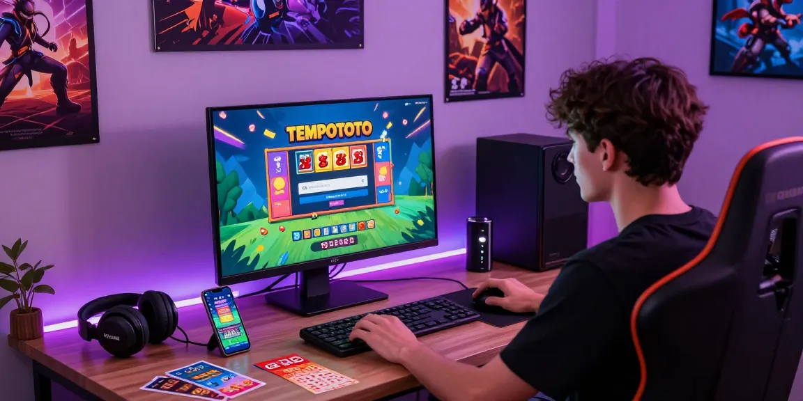 tempototo login user engaging in online lottery game in a vibrant gaming room